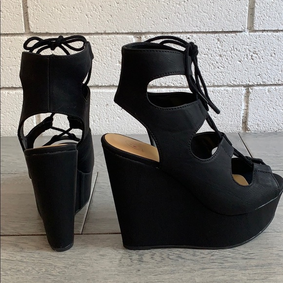 Black Faux Leather Open Toe Lace Up Platform Wedge - Picture 4 of 7